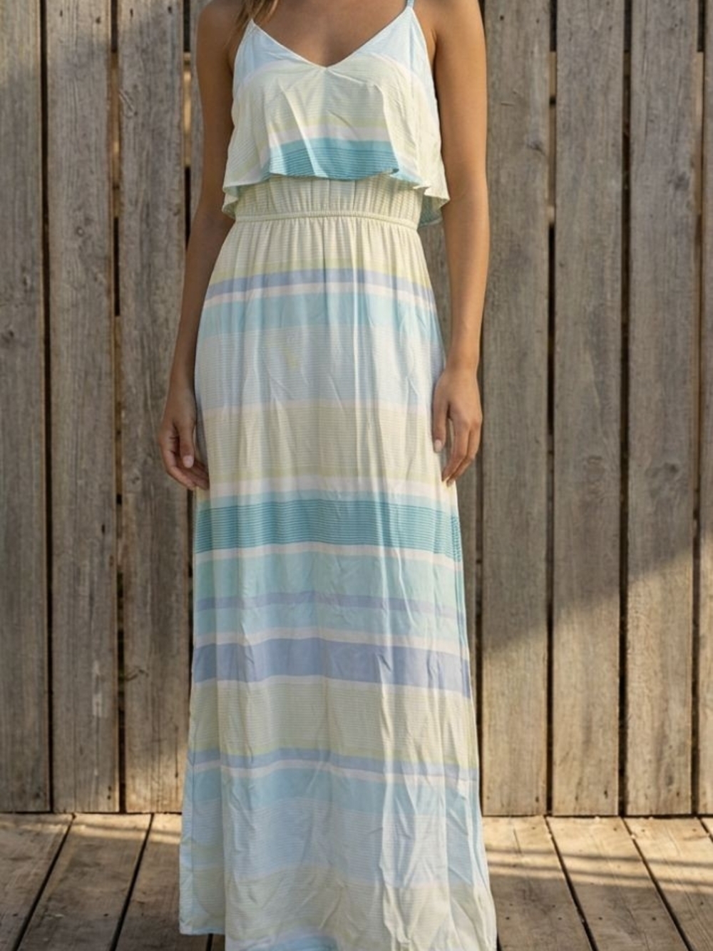 Pastel Striped Maxi Dress with Layered Bodice